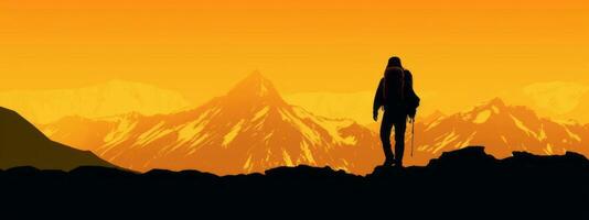 ein fesselnd Illustration von ein Silhouette im Natur, eine solche wie Wandern im das Berge , hervorrufen ein Sinn von Abenteuer und Fernweh zum ein verlockend Netz Banner. generativ ai foto