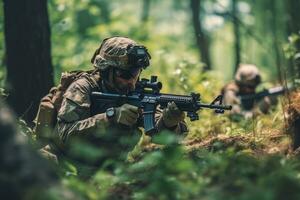 Erfassen Soldaten nehmen Startseite und Rückkehr Feuer während ein heftig Kampf Situation, Darstellen das Achtung und Adrenalin von das Schlachtfeld. generativ ai foto