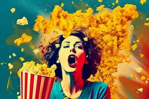 Frau weht oben Popcorn mit ihr Hände, im Pop Kunst Stil. generativ ai foto