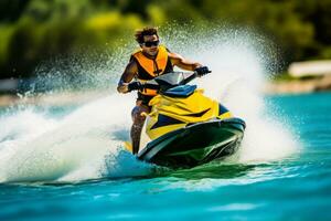 ein actiongeladen Bild mit einnehmend im spannend Wasser Sport eine solche wie Jet Skifahren. Konzept das Geist von Abenteuer und Sommer- Aufregung. generativ ai foto