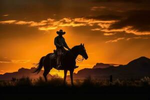 ein Silhouette von ein Cowboy Reiten gegen ein beschwingt Sonnenuntergang, Erfassen das Schönheit und Einsamkeit von das Western Grenze. generativ ai foto