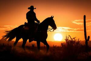 ein Silhouette von ein Cowboy Reiten gegen ein beschwingt Sonnenuntergang, Erfassen das Schönheit und Einsamkeit von das Western Grenze. generativ ai foto