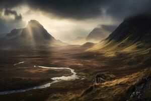 mystisch Landschaft von das schottisch Hochland, mit rollen Hügel, nebelbedeckt Berge, und ein Sinn von uralt Magie und Geheimnis. generativ ai foto