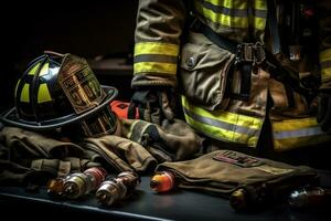 Nahansicht Bild von ein Feuerwehr Gang, Fokussierung auf ihr Helm, Handschuhe, Stiefel, und Werkzeug, vermitteln das Bereitschaft und Professionalität von das Feuer bekämpfen Team. generativ ai foto