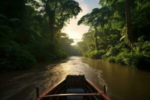 Boot navigieren durch das Wicklung Flüsse von das Amazonas, mit üppig Grün und Tierwelt im das Hintergrund, betonen das Erkundung Aspekt. generativ ai foto