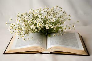 ein öffnen Buch mit Gänseblümchen wachsend aus von Es. generativ ai foto