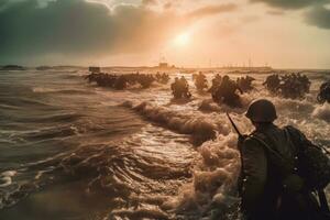 ein dynamisch wirkungsvoll Bild Erfassen das Chaos und Mut von das Soldaten stürmen das Strände von Normandie während das heftig d-Tag Invasion. generativ ai foto