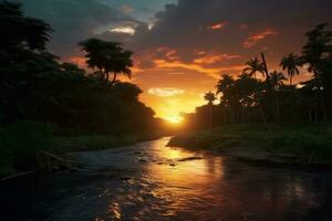 ein atemberaubend Bild präsentieren ein beschwingt Sonnenuntergang Gießen warm Farbtöne Über das Amazonas Regenwald, Erstellen ein heiter und malerisch Szene. generativ ai foto