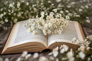 ein öffnen Buch mit Gänseblümchen wachsend aus von Es. generativ ai foto