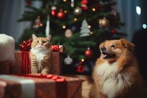 ein charmant Bild mit Haustiere interagieren mit Weihnachten Geschenke unter das Baum, porträtieren das Aufnahme von pelzig Familie Mitglieder im das Urlaub Feierlichkeiten. generativ ai foto