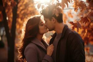 ein Nahansicht Schuss von ein liebend Paar Teilen ein zärtlich Kuss gegen das Hintergrund von Herbst Blätter und Sanft Sonnenlicht. generativ ai foto