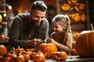 Vater und Tochter Carving Kürbisse, präsentieren das Spaß und Kreativität von Halloween Traditionen. generativ ai foto
