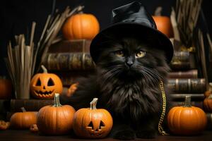 ein spielerisch noch stilvoll Bild von ein schwarz Katze anziehen ein Halloween Kostüm, präsentieren das Geist von Spaß und Ankleiden während das Urlaub. generativ ai foto