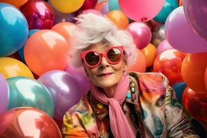 Senior Hipster Dame, umgeben durch beschwingt, Luftballons im verschiedene Farben. generativ ai foto