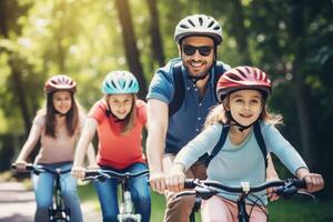 ein Familie Getriebe oben zum ein Fahrrad Fahrt, mit jedermann tragen richtig tailliert Helme zu Vitrine das Bedeutung von Fahrrad Sicherheit. generativ ai foto