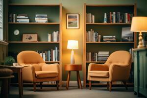 ein Psychologe Büro, mit komfortabel Stühle, beruhigend Farben, und Bücherregale gefüllt mit Psychologie Literatur. generativ ai foto
