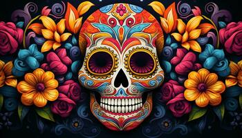 ein bunt und beschwingt Banner feiern dia de los Muertos Tag von das tot mit Zucker Schädel, Ringelblume Blumen, und kompliziert Gesicht Farbe Entwürfe. generativ ai foto