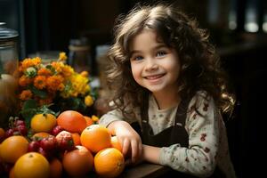 ein bunt und beschwingt wenig Mädchen umgeben durch frisch Früchte, betonen das Bedeutung von gesund Essen Gewohnheiten. generativ ai foto