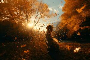 im das Herz von ein üppig Wald, ein Frau steht inmitten ein wirbelnd Wirbel von fallen Blätter. das Herbst Blätter erstellen ein beschwingt Anzeige, Erstellen ein atemberaubend Szene von der Natur Schönheit. generativ ai foto