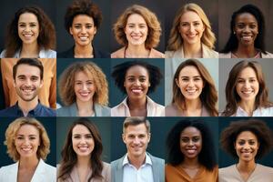 Collage von multikulturell ethnisch anders Menschen modern Porträts von Frauen und Mann, suchen im Vorderseite von Kamera. generativ ai foto