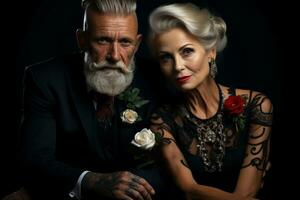Senior Paar gekleidet im elegant Kleidung, mit ihr geschmackvoll Tätowierungen Hinzufügen ein Element von Einzigartigkeit zu ihr Aussehen. generativ ai foto