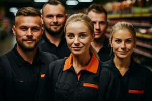 Werbung Porträt Schuss von ein Supermarkt Mitarbeiter Mannschaft Stehen zusammen im ein Supermarkt und Sie aussehen beim das Kamera. generativ ai foto