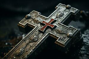 Nahansicht Schüsse von das ikonisch Symbole damit verbundenen mit das Ritter Templer, eine solche wie das Kreuz Pattee, graviert auf Stein oder Metall Oberflächen. generativ ai foto