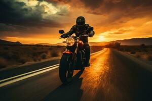 ein Silhouette Schuss von ein Motorrad Fahrer Reiten gegenüber ein fesselnd Sonnenuntergang, symbolisieren das Reise Ende und Neu Anfänge. generativ ai foto