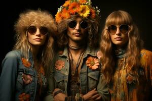 Porträts von Menschen gekleidet im Hippie Mode, mit Blume Kronen, runden Sonnenbrille, und Glockenboden Jeans, präsentieren ihr einzigartig Stil. generativ ai foto