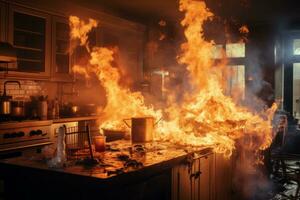Feuer Verbrennung Innerhalb das Küche Zimmer von das Wohn Haus. generativ ai foto