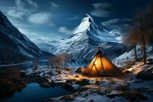 szenisch Aussicht von beleuchtet Zelt auf schneebedeckt Berge. generativ ai foto