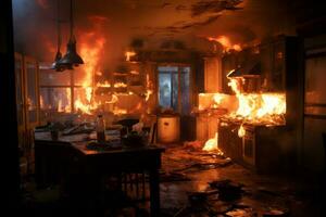 Feuer Verbrennung Innerhalb das Küche Zimmer von das Wohn Haus. generativ ai foto