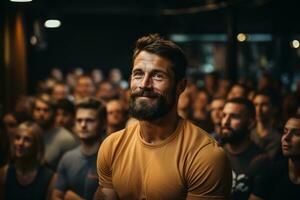 ein erfolgreich Bodybuilder führen ein motivierend Fitness Seminar, inspirierend Andere zu verfolgen ihr Fitness Ziele. generativ ai foto