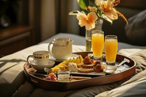 Zimmer Bedienung Tablett mit Frühstück auf Bett im Luxus Hotel Zimmer. generativ ai foto