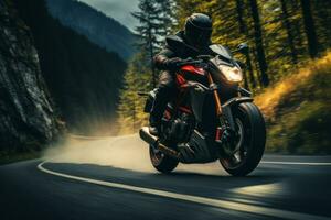 ein Bild von ein Fahrer nehmen ein Motorrad durch ein szenisch Berg Straße, präsentieren das Harmonie zwischen Mann, Maschine, und Natur. foto