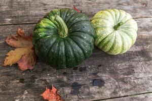 herbstlicher Hintergrund. natürliche herbstherbstansichtkürbise auf hölzernem hintergrund. inspirierende oktober- oder septembertapete. Wechsel der Jahreszeiten reifes Bio-Lebensmittel-Konzept, Halloween-Party-Erntedankfest foto