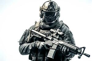 ein Mann im ein Militär- Uniform mit ein Pistole. generativ ai foto