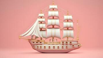 Barke Schiff Modell- 3d. auf Rosa Hintergrund. generativ ai foto