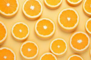 Orange Scheiben auf Gelb Hintergrund. generativ ai foto