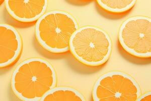 Orange Scheiben auf ein Gelb Hintergrund. generativ ai foto