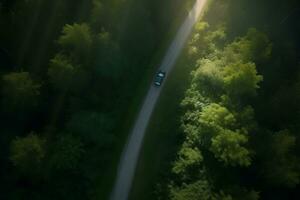 Antenne Aussicht von Auto Fahren durch Wald. generativ ai foto