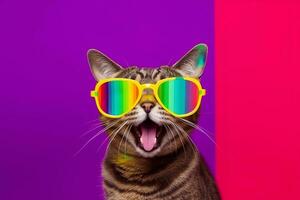 ein Katze tragen Sonnenbrille auf ein bunt Hintergrund. generativ ai foto