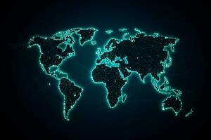 das Welt Karte ist gezeigt im ein dunkel Hintergrund. generativ ai foto