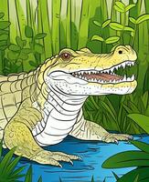 ein Karikatur Alligator im das Wasser mit Grün Pflanzen. generativ ai foto