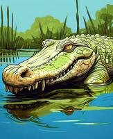 ein Karikatur Zeichnung von ein Alligator im das Wasser. generativ ai foto