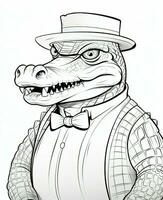 ein Karikatur Alligator tragen ein oben Hut und binden. generativ ai foto