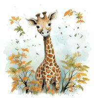 Aquarell Illustration von ein Giraffe im das Herbst Wald. generativ ai foto
