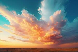 ein schön Sonnenuntergang Über ein Feld mit Wolken. generativ ai foto