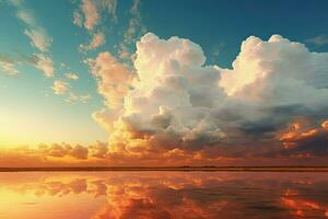 Wolken reflektieren im Wasser beim Sonnenuntergang. generativ ai foto