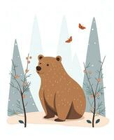 ein Karikatur Bär im das Wald mit Bäume und Schmetterlinge. generativ ai foto